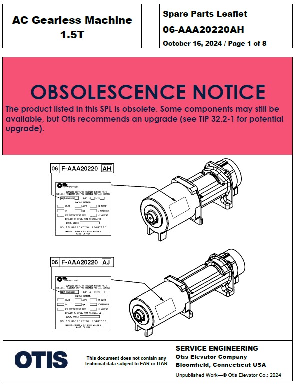 SPL 06-AAA20220AH (OBSOLETE) AC Gearless Machine 1.5T