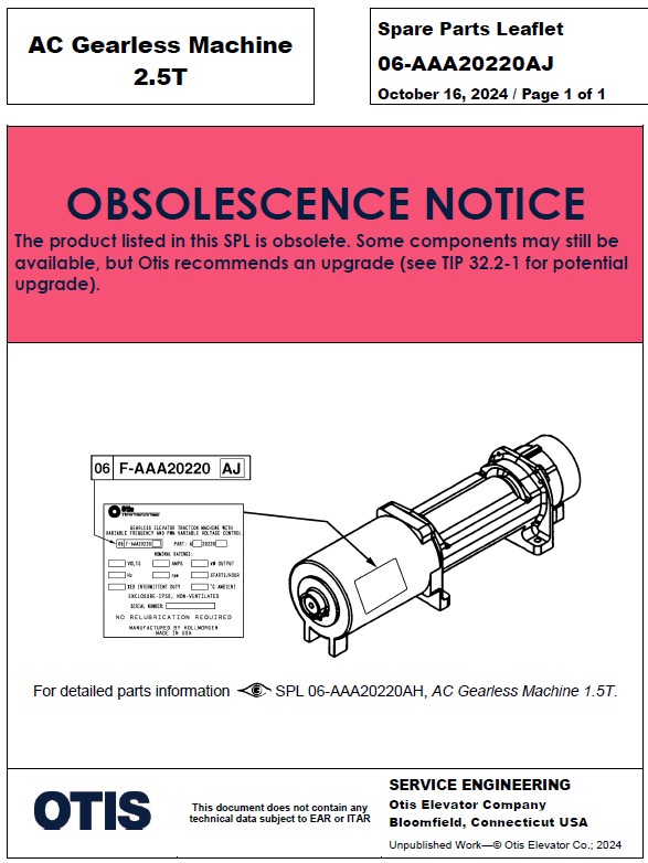 SPL 06-AAA20220AJ (OBSOLETE) (Pointer to SPL 06-AAA20220AH) AC Gearless Machine 2.5T