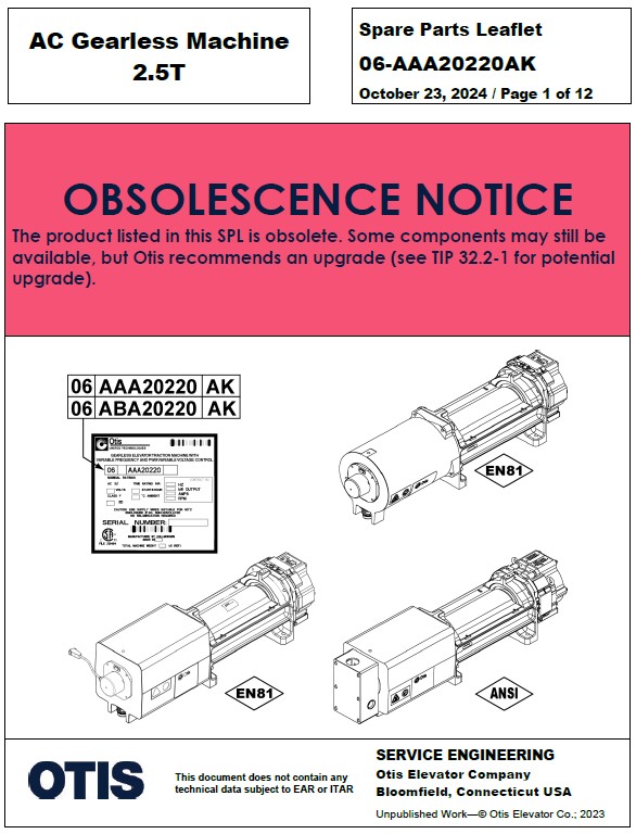 SPL 06-AAA20220AK (OBSOLETE) AC Gearless Machine 2.5T