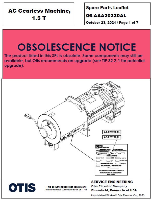 SPL 06-AAA20220AL (OBSOLETE) AC Gearless Machine, 1.5T