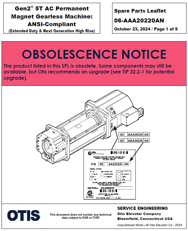 SPL 06-AAA20220AN (OBSOLETE) Gen2 5T AC Permanent Magnet Gearless Machine: ANSI-Compliant (Extended Duty & Next Generation High Rise)