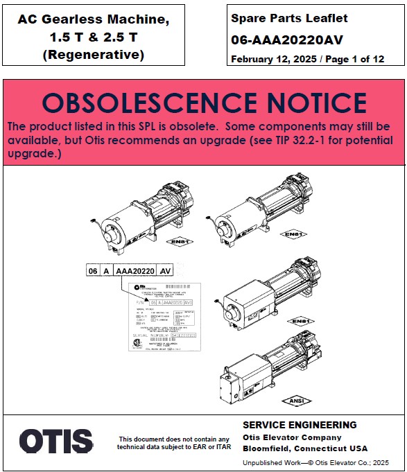 SPL 06-AAA20220AV (OBSOLETE) AC Gearless Machine, 1.5 T & 2.5 T (Regenerative)
