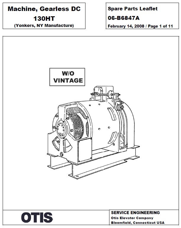 SPL 06-B6847A Machine, Gearless DC 130HT (Yonkers, NY Manufacture)