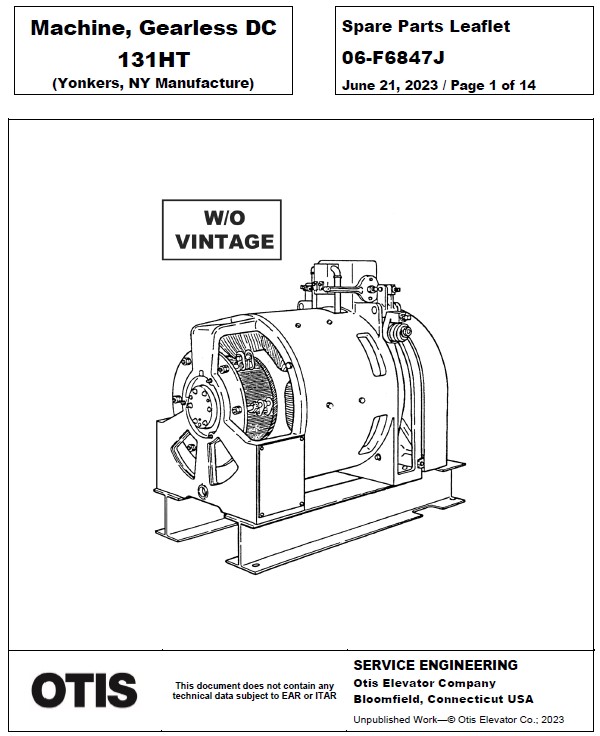 SPL 06-F6847J Machine, Gearless DC 131HT (Yonkers, NY Manufacture)