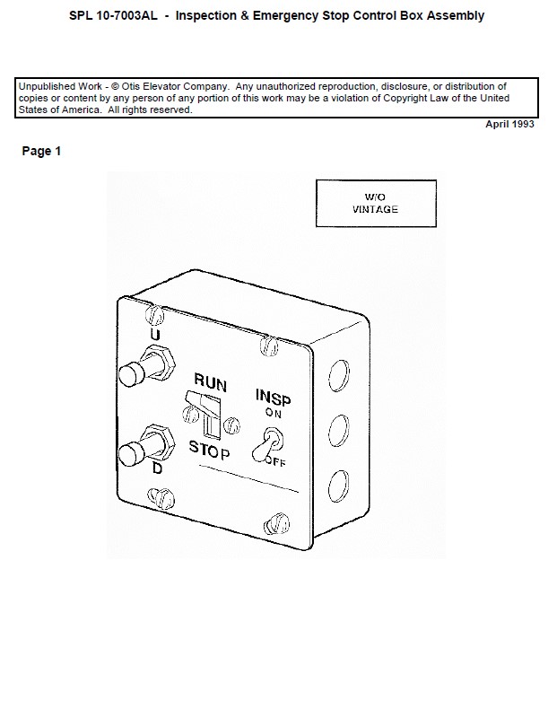 SPL 10-7003AL Top-of-Car Inspection & Emergency Stop Control Box Assembly