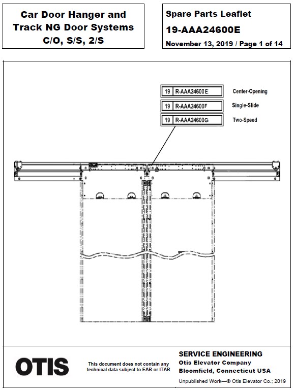 SPL 19-AAA24600E Car Door Hanger and Track NG Door Systems C/O, S/S, 2/S