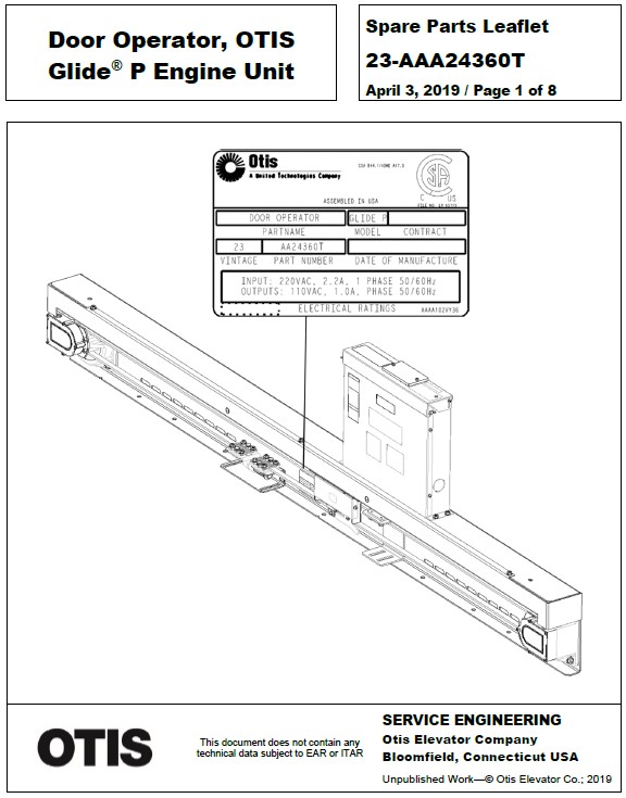 SPL 23-AAA24360T Door Operator, OTIS Glide P Engine Unit