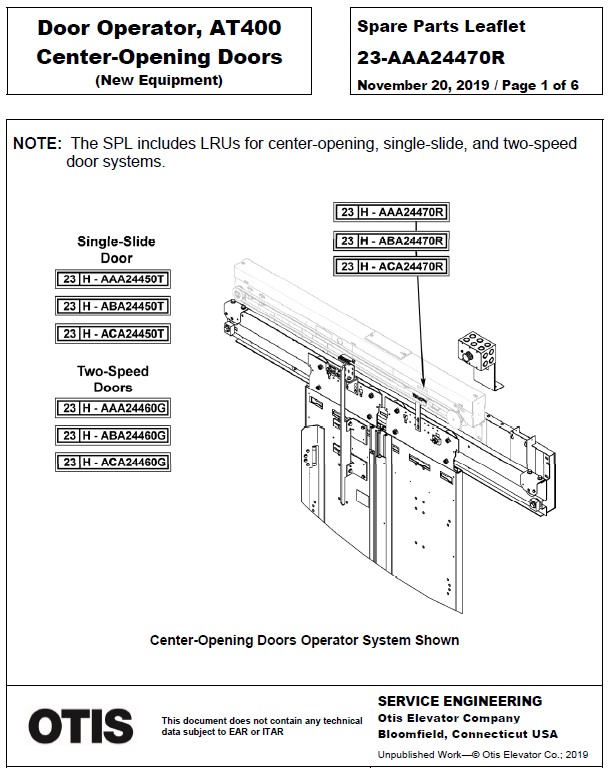 SPL 23-AAA24470R Door Operator, AT400 Center-Opening Doors (New Equipment)