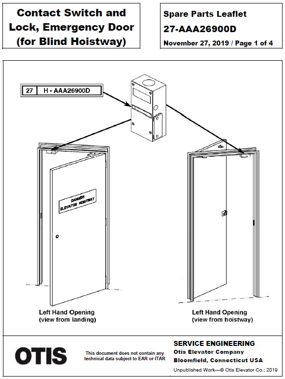 SPL 27-AAA26900D Contact Switch and Lock, Emergency Door (for Blind Hoistway)