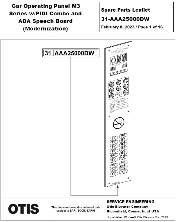 SPL 31-AAA25000DW Car Operating Panel M3 Series w/ PIDI Combo and ADA Speech Board Modernization