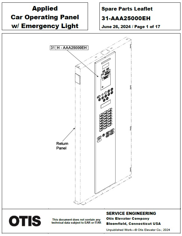 SPL 31-AAA25000EH Applied Car Operating Panel w/ Emergency Light
