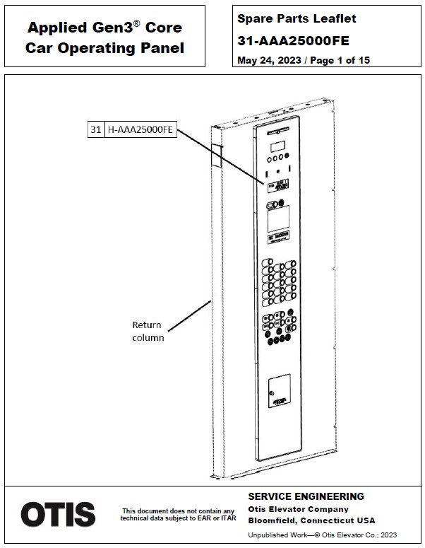 SPL 31-AAA25000FE Applied Gen3 Core Car Operating Panel