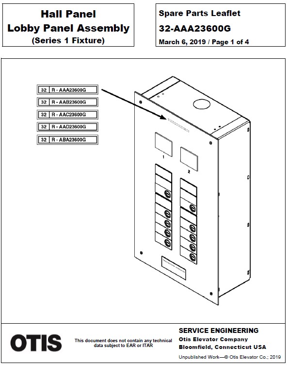 SPL 32-AAA23600G Hall Panel Lobby Panel Assembly (Series 1 Fixture)