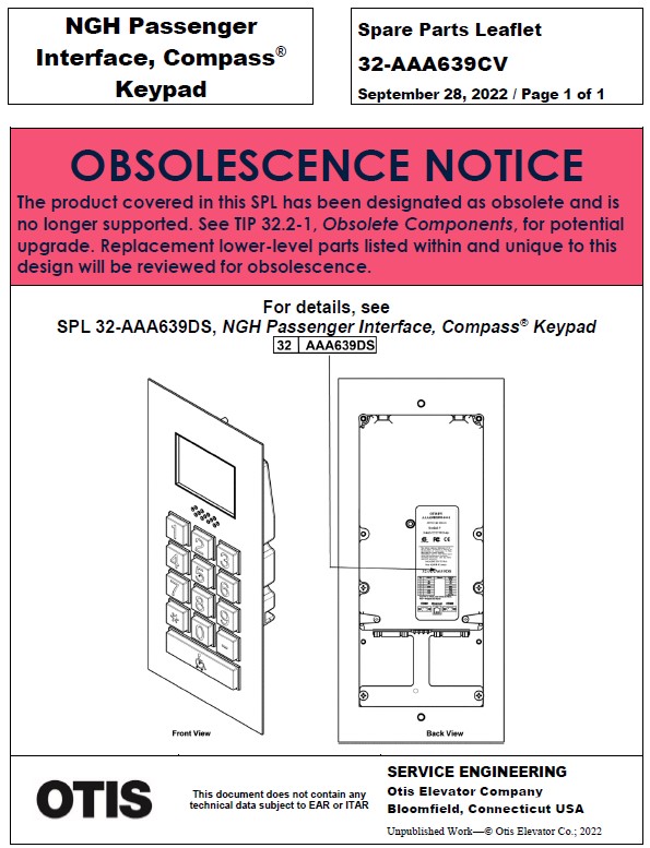SPL 32-AAA639CV (OBSOLETE) NGH Passenger Interface, Compass Keypad