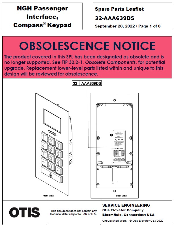SPL 32-AAA639DS (OBSOLETE) NGH Passenger Interface, Compass Keypad