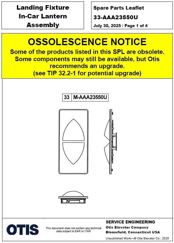 SPL 33-AAA23550U (OBSOLETE) Landing Fixture In-Car Lantern Assembly