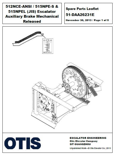 SPL 51-DAA26231E 512NCE-ANSI / 515NPE-S & 515NPEL (JIS) Escalator Auxiliary Brake Mechanical Release
