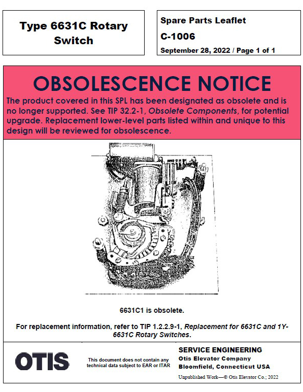 SPL C-1006 (OBSOLETE) (Pointer to TIP 1.2.2.9-1) Type 6631C Rotary Switch