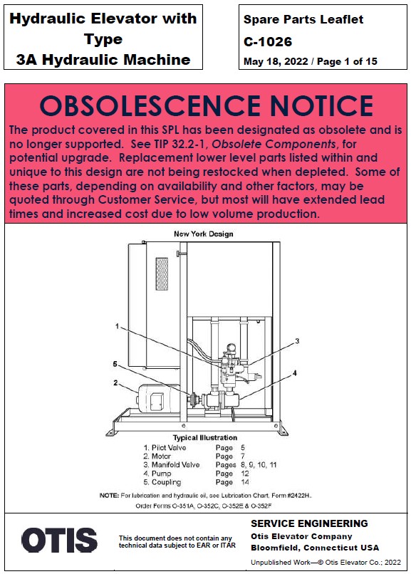SPL C-1026 (OBSOLETE) Hydraulic Elevator with Type 3A Hydraulic Machine