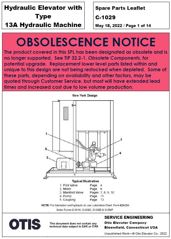 SPL C-1029 (OBSOLETE) Hydraulic Elevator with Type 13A Hydraulic Machine