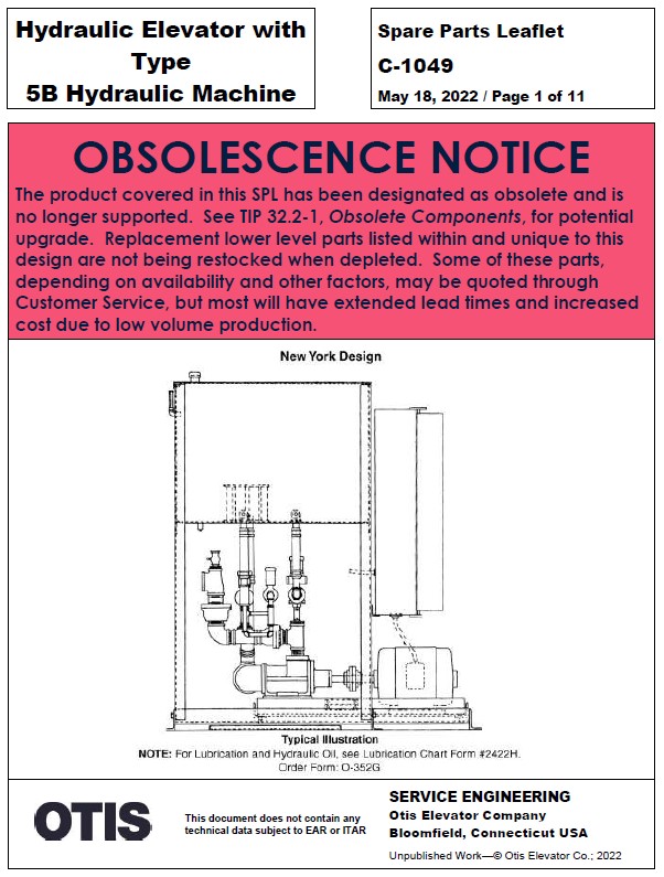 SPL C-1049 (OBSOLETE) Hydraulic Elevator with Type 5B Hydraulic Machine