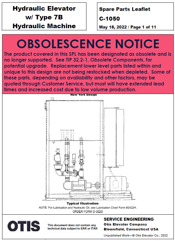 SPL C-1050 (OBSOLETE) Hydraulic Elevator w/ Type 7B Hydraulic Machine