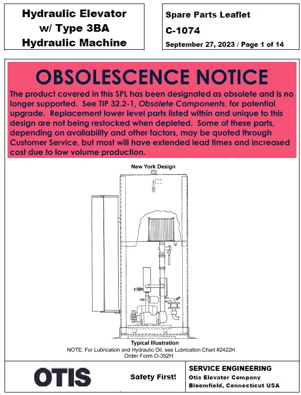 SPL C-1074 (OBSOLETE) Hydraulic Elevator w/ Type 3BA Hydraulic Machine