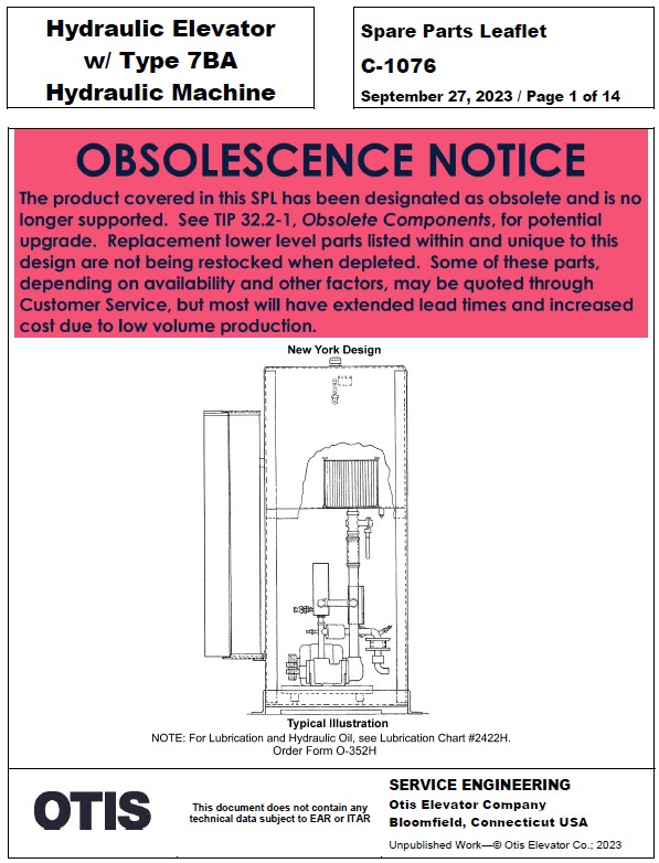 SPL C-1076 (OBSOLETE) Hydraulic Elevator w/ Type 7BA Hydraulic Machine