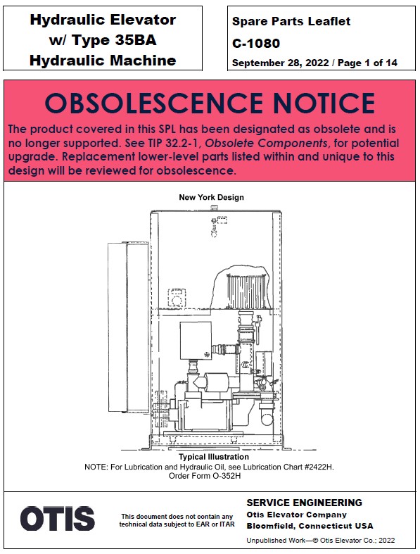 SPL C-1080 (OBSOLETE) Hydraulic Elevator w/ Type 35BA Hydraulic Machine
